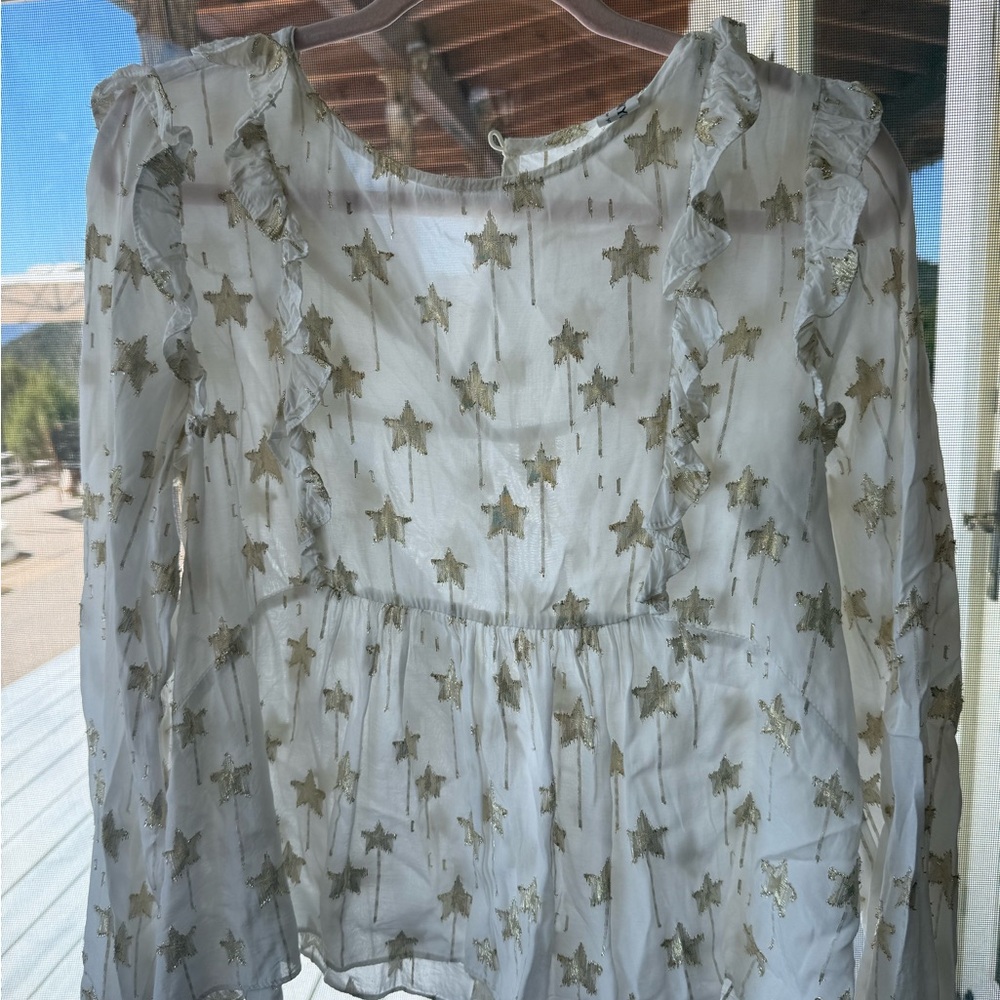 Pinkyotto White Sheer Star Ruffle Blouse with Gold Stars